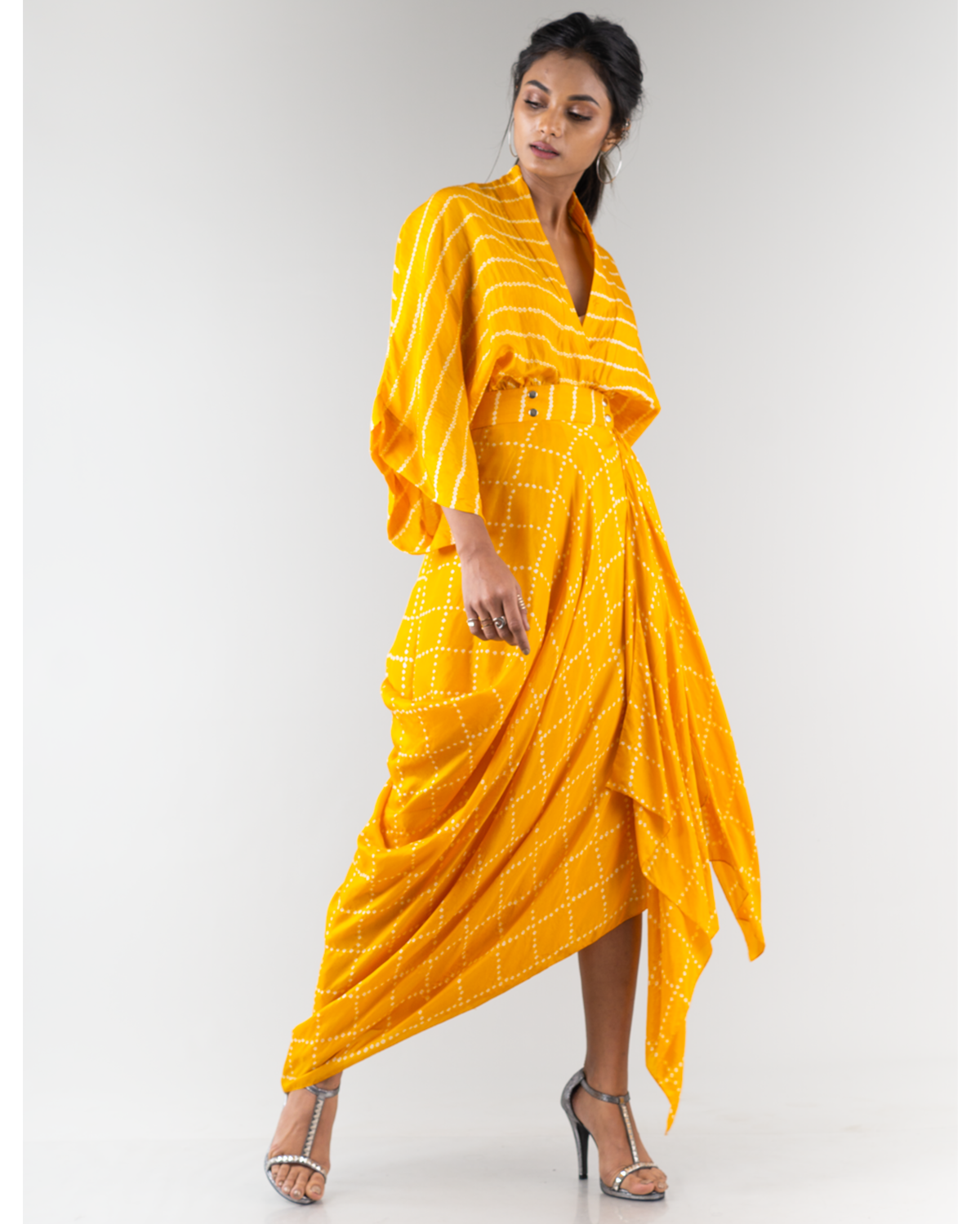 Yellow Bandhani Kaftan Wrap Dress ...